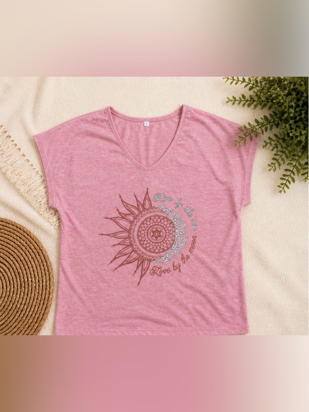 Boho Sun & Moon Graphic Tee Pink V-Neck “Live by The Sun Love by The Moon”